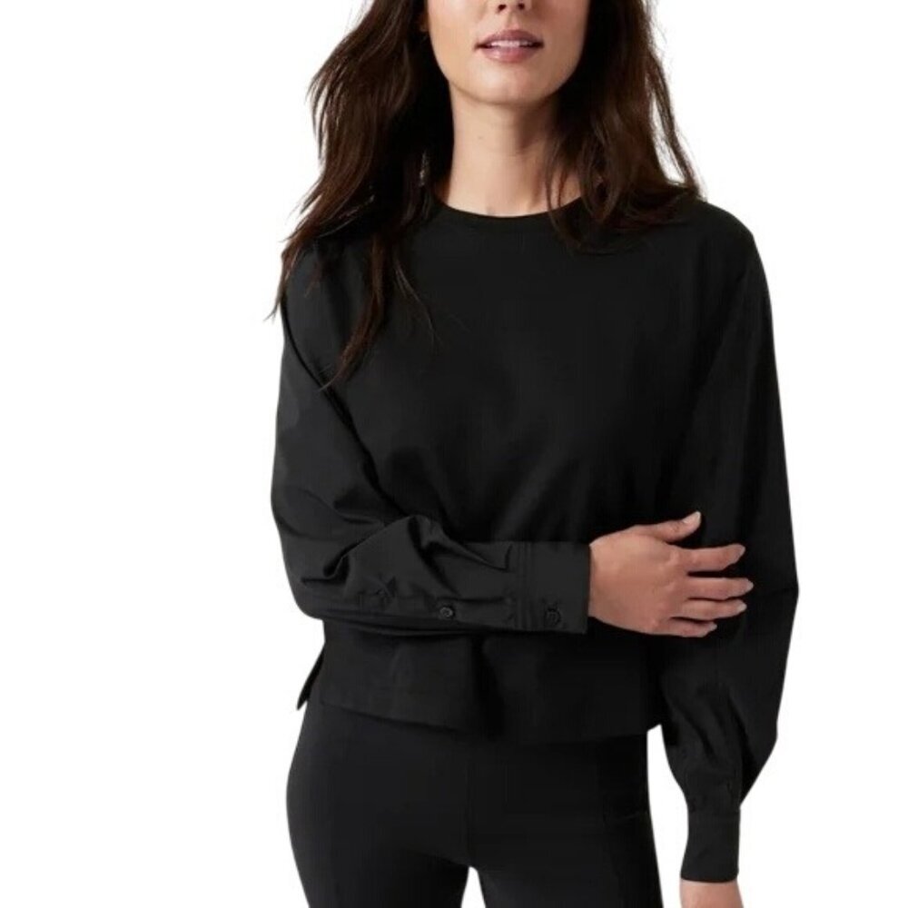 Athleta Harlow Hybrid Top Womens Size L Black Athleisure Commute Pullover Shirt